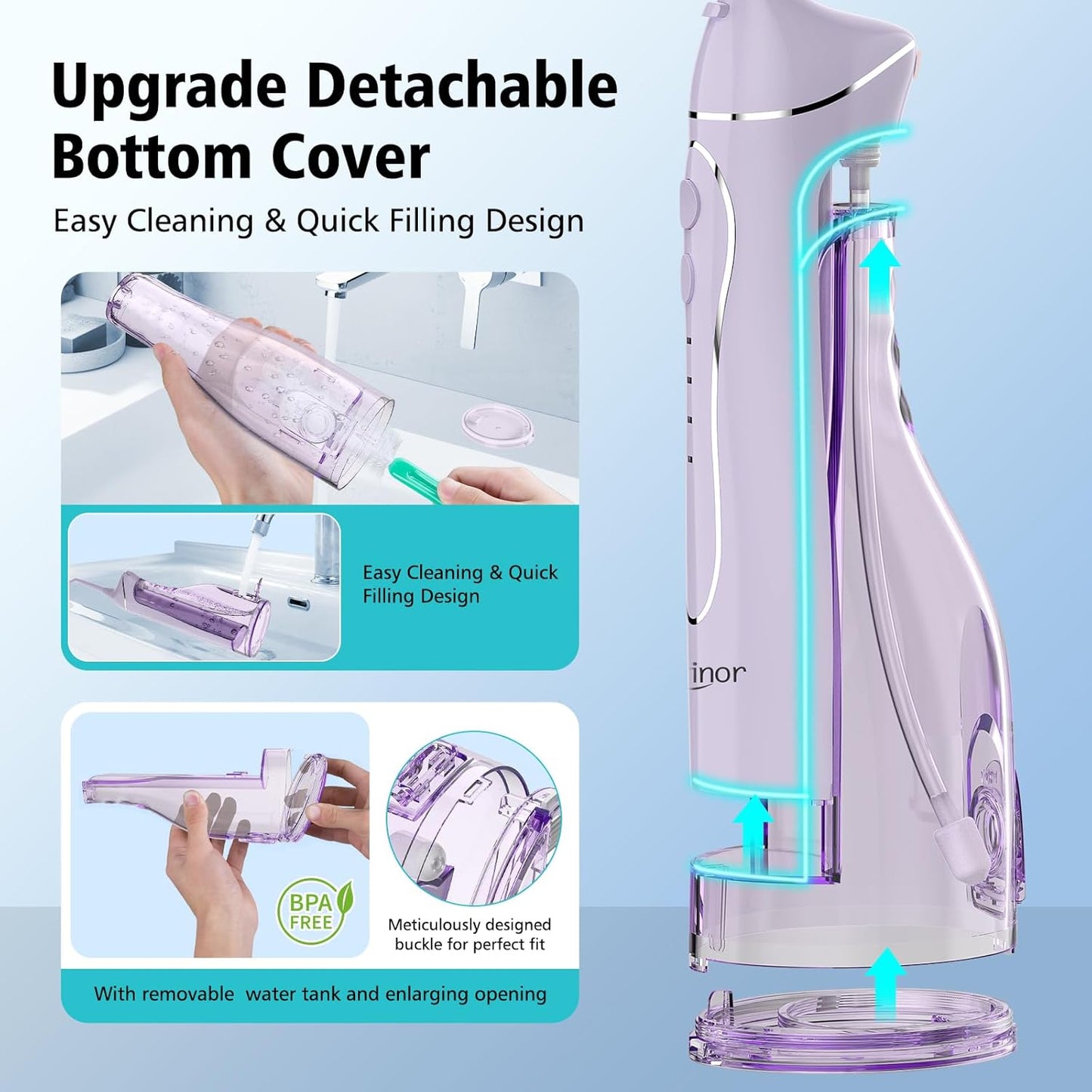 Leominor Water Dental Flosser Pick for Teeth, 300ML Portable Oral Irrigator Upgraded Tank Removable,IPX7 Waterproof, Rechargeable Travel Teeth Cleaner, Professional Electric Flossing Machine(T-Purple)