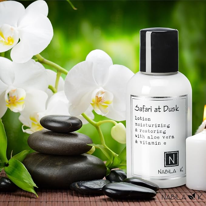 Nabila K Summer Safari Gift Set – Includes Summer Heat Soap, Safari at Dusk Body Lotion, Vanilla Cream Lip Polish & Peppermint Lip Balm – Luxury Bath & Body Kit for Women & Men – Ready-to-Gift Spa Box