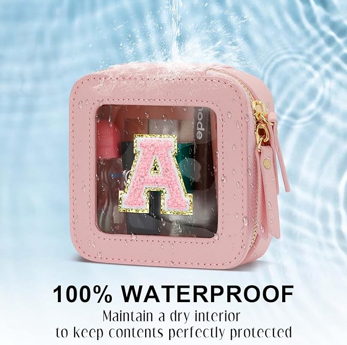 Christmas Gifts for Girls - Initial Clear Toiletry Bag, Small Cosmetic Bags for Girls with Zipper, Potable Mini Makeup Bag for Birthday, Graduation (Pink, A)