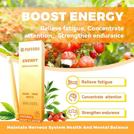 Energy Diffuser Pen, Extracts of Guarana, Green Tea & Taurine, Vitamin B12 & B6, Support for Energy & Focus Boost, Body Relaxation, Natural Alternative - 600 Uses