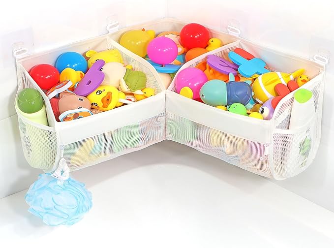 KPH bath toy storage， Say goodbye to the chaos of bath toys -3 compartments for bath toy holders keep your bathtub tidy, and bath toy organizers keep children's bath toys organized!