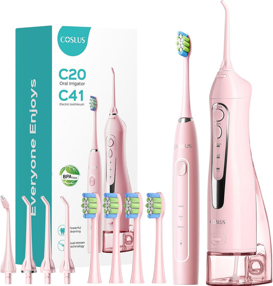 COSLUS Portable Water Flosser with Electric Toothbrush Combo: 2-in-1 Oral Clean Kit for Teeth, Braces, Gums Care - Brushing & Flossing for Adults, Family, Travel Use, BPA-Free, Black, C20 & C41