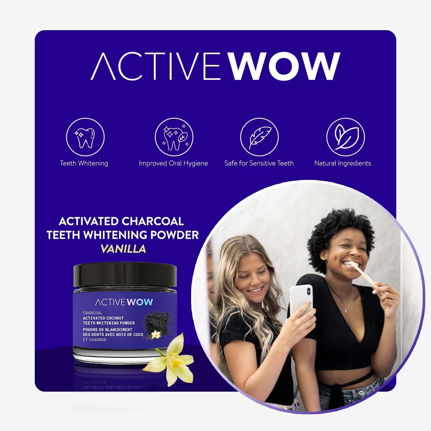 Active Wow Activated Coconut Powder – Whitening Toothpaste Powder, Fluoride-Free, Sulfate & Paraben-Free, Vanilla Flavor