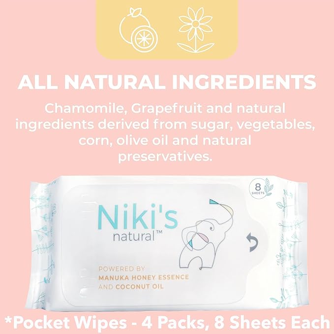 Niki's Natural Pocket Baby Wipes | Organic Baby Wipes Sensitive | Made with Manuka Honey and Coconut Oil, Unscented | EWG Verified | 32 Wipes (4 Pack x 8 Count Wipes)