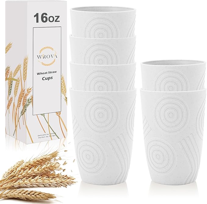 Wrova Wheat Straw Water Cups 16oz with Etched Pattern - Alternative Plastic Drinking Glasses Set of 6 - Unbreakable Tumbler Reusable Water Cups for Kids - White