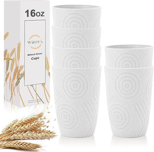 Wrova Wheat Straw Water Cups 16oz with Etched Pattern - Alternative Plastic Drinking Glasses Set of 6 - Unbreakable Tumbler Reusable Water Cups for Kids - White