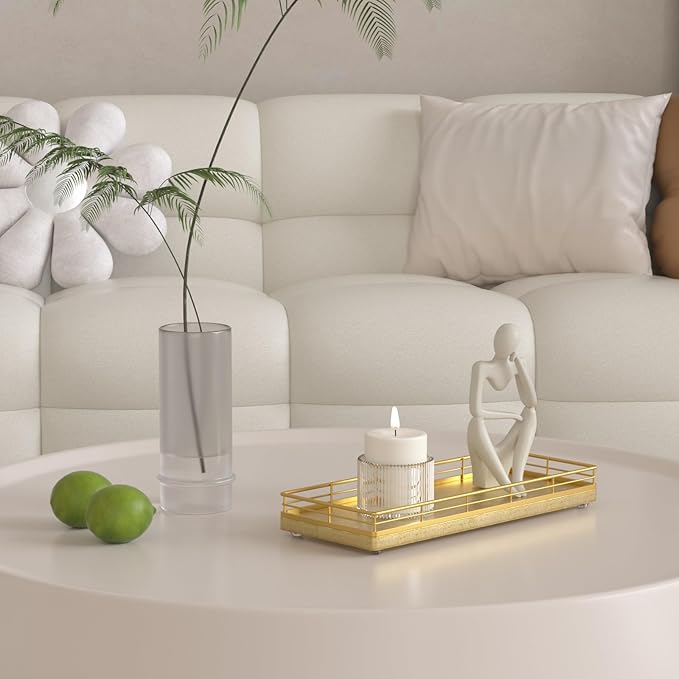 Bathroom Tray for Counter, Oak Wooden 11.2" L Decorative Vanity Tray for Dresser Tops, Kitchen Countertop Organizer, Gold Brushing