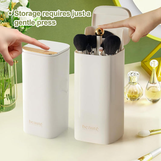 DASITON Makeup Brush Holder with Lid,4 Slots Makeup Brush Organizer,Automatic Lifting Makeup Cosmetics Organizer,for Vanity Decor,Bathroom Countertop,Dustproof Cosmetic Brushes Container(White)