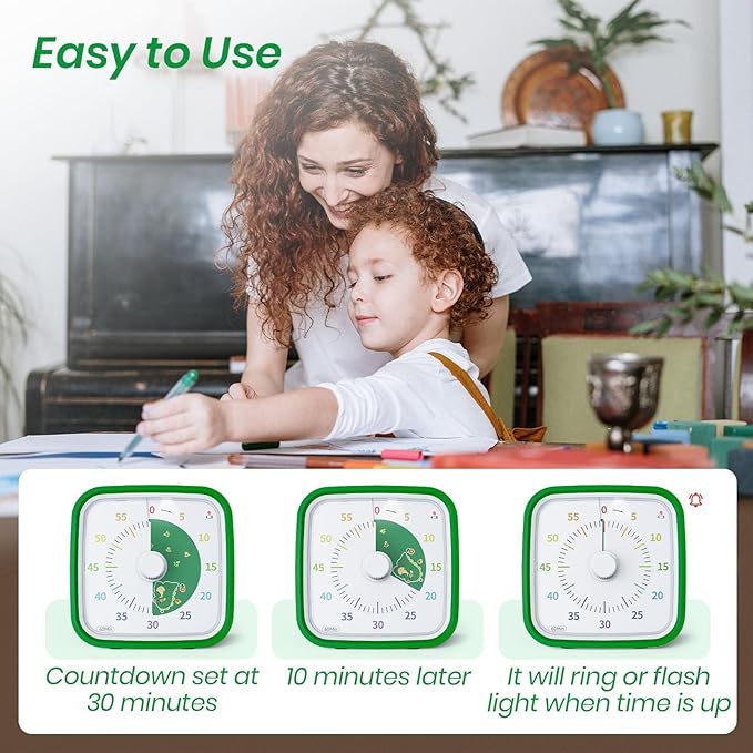 Yunbaoit Visual Timer with Protective Case, Dinosaur Disk 60 Minute Countdown Timer for Kids and Adults, Silent Time Management Tool(Green Dinosaur)