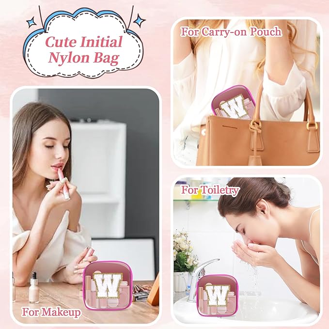 Mini Clear Personalized Initial Makeup Bag, Small Preppy A-Z Chenille Letter Patch Cosmetic Pouch, Transparent PVC & Nylon Waterproof Zip Beach Toiletry Bag,Gift for Women Girls(Hot Pink-White W)
