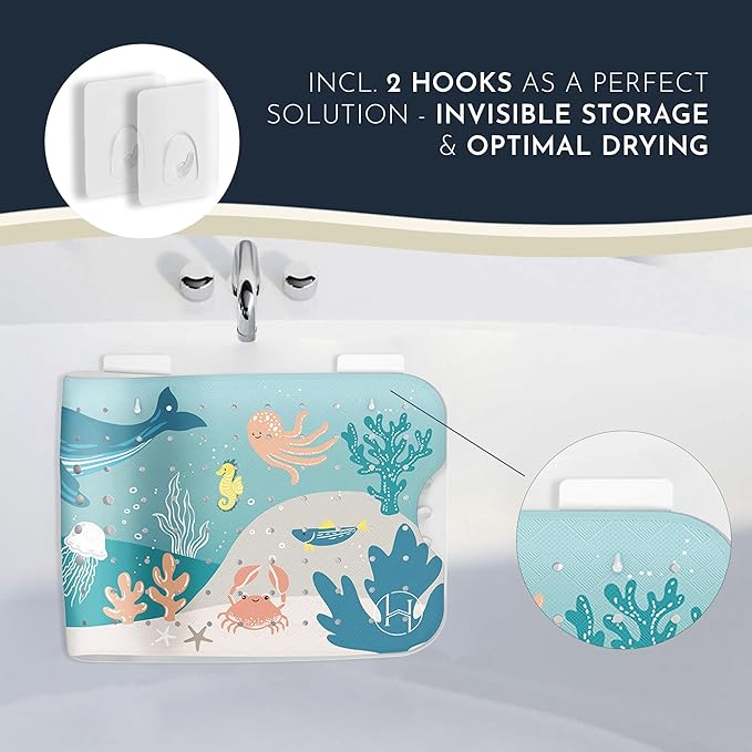 Homerella Baby Bath Tub Mat | Anti Mold Mildew Resistant Non Slip Kids and Adult Bath Tub Shower Mats | 40x16 inch Long with Suction Cups for Secure Grip Hooks for Storage & Drying | Machine Washable