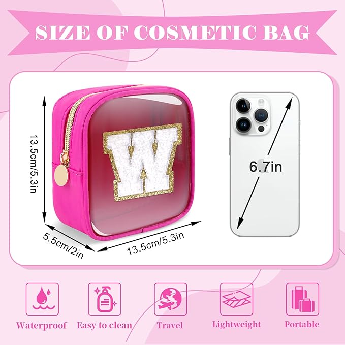 Personalized Initial Letter Clear Preppy Makeup Bag,Mini Nylon Chenille Letter Cosmetic Bag Cute Zipper Pouch Coin Purse for Teen Girls,Portable TSA Approved Travel Essentials Bag Gift for Women,W