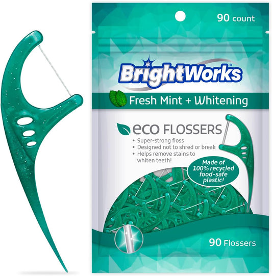 Brightworks ECO Sustainable Floss Picks - 270 Count - PFAS Free - Made in USA100% Post-Consumer Recycled Plastic, Super Strong Mint-Flavored Floss with Micro-Crystals