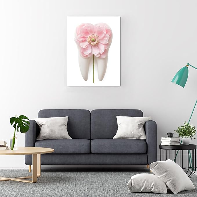 SchindlerBang Dental Gift Watercolor Art,Vibrant Pink Anemone Tooth Painting,Floral Implant Canvas Print,Home Decor for Canvas Art Spaces,8x12inch Framed Ready to Hang