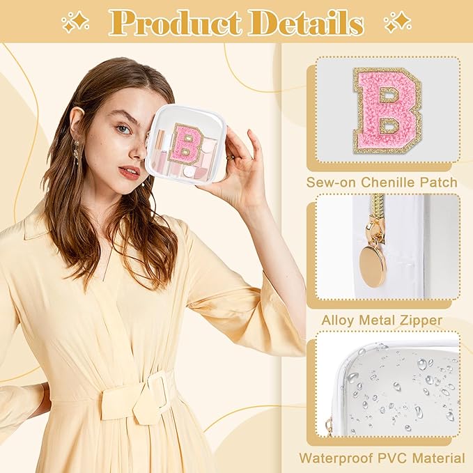Personalized Initial Letter Clear Preppy Makeup Bag,Mini Nylon Chenille Letter Cosmetic Bag Cute Zipper Pouch Purse for Teen Girls,Portable TSA Approved Beach Travel Essentials Bag Gift for Women,B