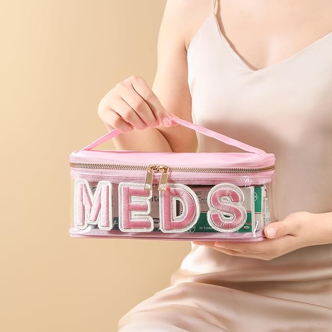 Clear Waterproof MEDS RX Makeup Bag，Transparent PVC Letter Patch medication travel case with Handle and Zipper, Portable Meds First Aid Travel Organizer Cosmetic Bag(01 Pink MEDS)