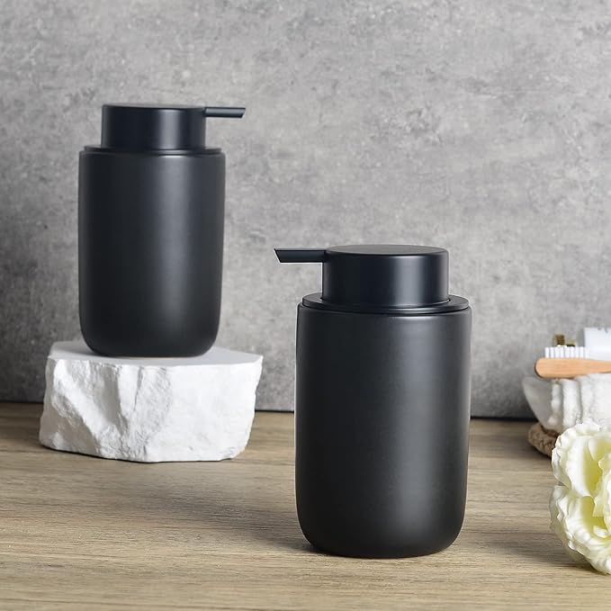 BosilunLife Black Soap Dispenser Set - 2 Pack 12oz Ceramic Dish Soap Dispenser with Rust Proof Pump for Kitchen, Hand Soap and Lotion Set Suitable for Farmhouse Bathroom Decor with Waterproof Labels
