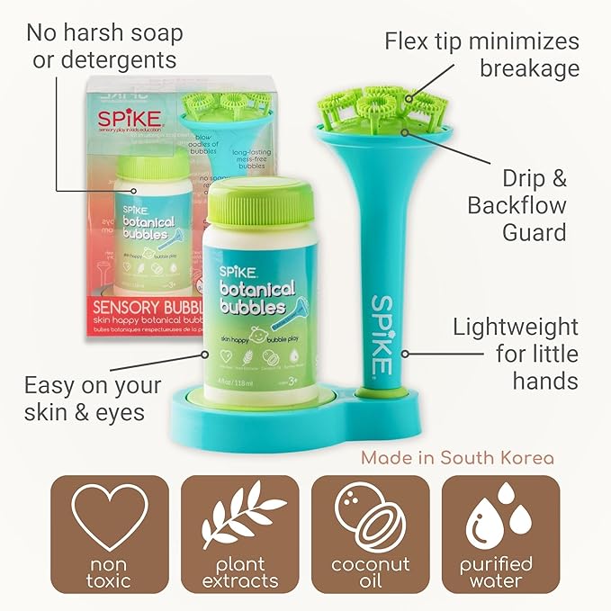 Innobaby Spike Bubble Blower with Mess Free Botanical Bubbles and Dipping Tray - Magic Wand Blows Oodles of Bubbles Without The Mess - Recommended for Speech, Visual & Motor Development - Color: Aqua