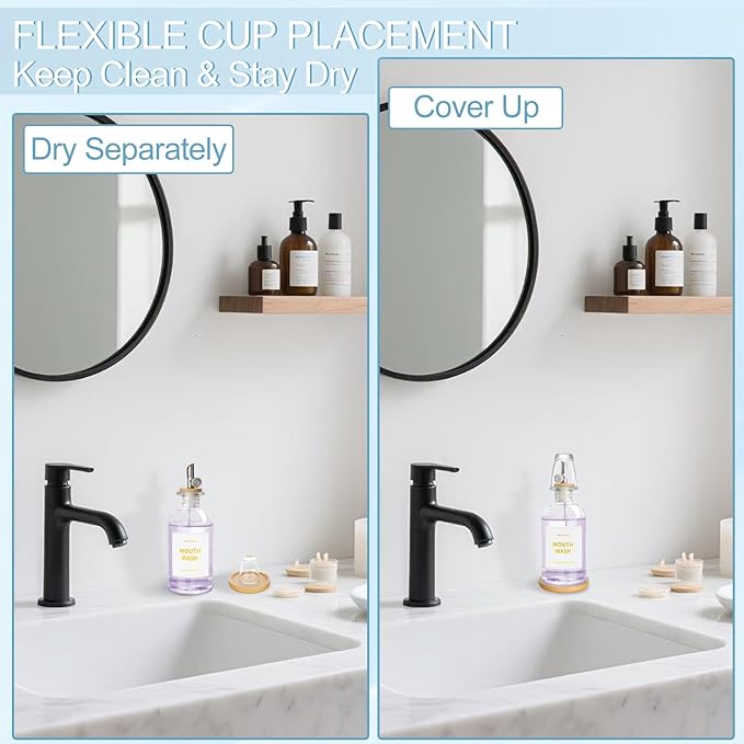 RELBRO Glass Mouthwash Dispenser for Bathroom, 11.8 OZ Refillable Mouthwash Container with Cup, Auto Pour Spout, Bamboo Tray, Funnel, Stickers, Clear, 1 Pcs