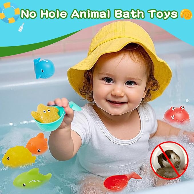 Baby Bath Toys for Kids Ages 1-3, 16PCS Mold Free Bath Toys for Toddlers 2-4 Bathtub Water Table Pool Sand Play Toys, Christmas Stocking Stuffers for Babies & Toddlers