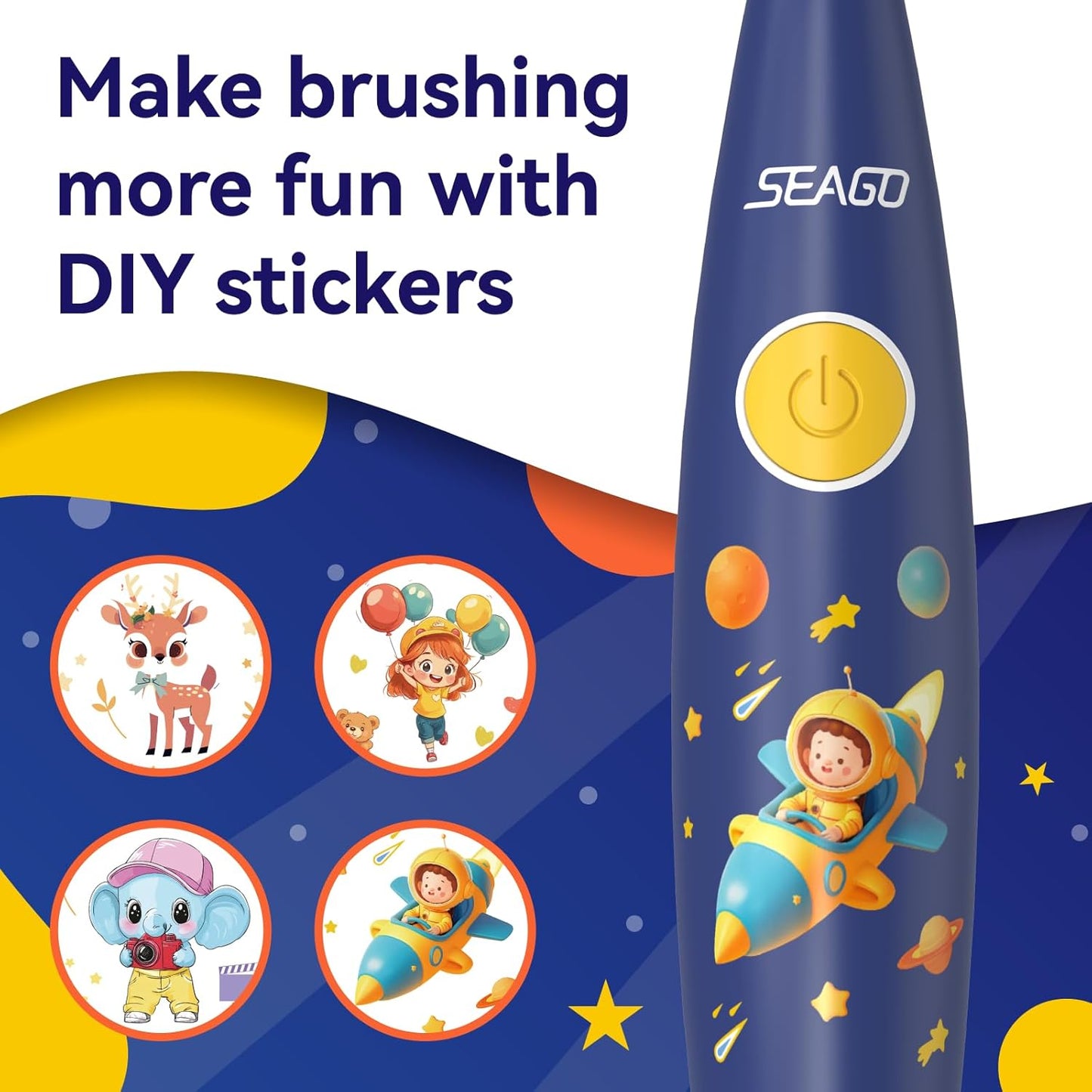 SEAGO Kids Electric Toothbrush Rechargeable with Smart Timer, LED Observing Light & DIY Stickers for Toddlers Ages 2-4, Soft Bristles for Oral Care, USB Charging (Blue)