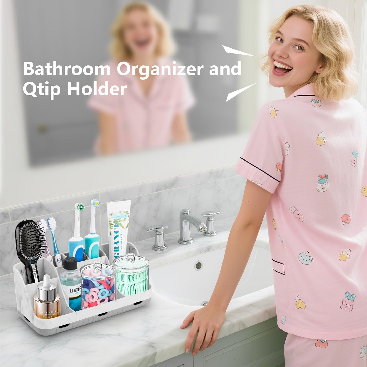 Bathroom Toothbrush Holder Set with 2 Pack Qtip Holder Dispenser - Detachable 7 Slots Bathroom Accessory Set, Kids Marble Bathroom Sink Counter Set, Bathroom Essentials Decor, Grey