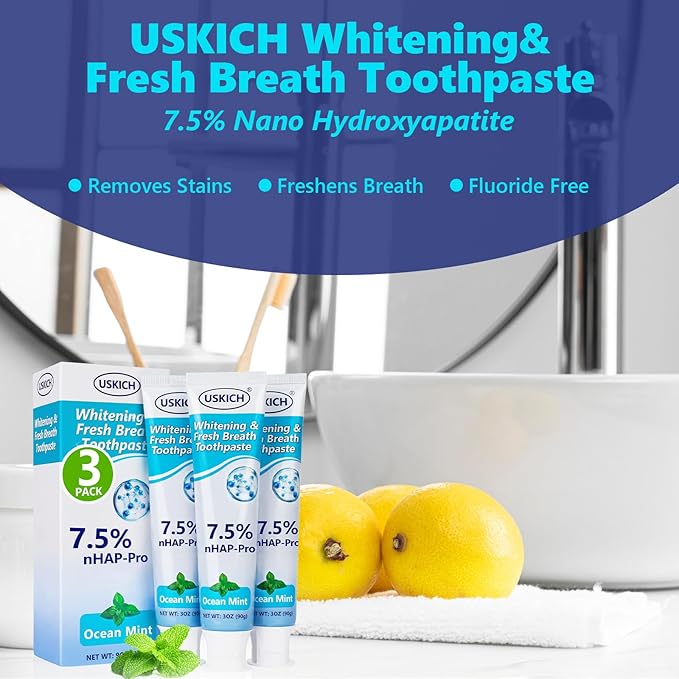 3 Pack Natural Whitening Fluoride Toothpaste,Whitening Toothpastes with Ocean Mint,Nano Hydroxyapatite Toothpaste, Appropriate for Sensitive Teeth - for Adult, Kids Oral Care,3 Oz Tubes