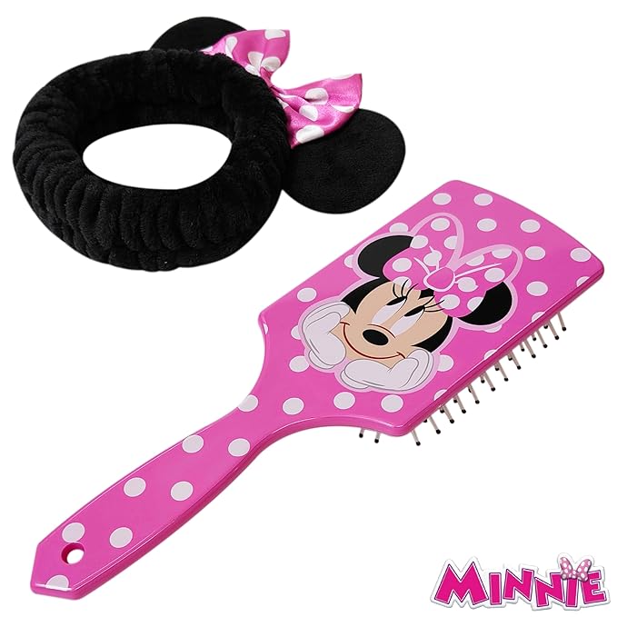 LUV HER Kids Hair Brush & Spa Headband Set for Girls - Features Disney Minnie Mouse - Fun Grooming Kit for Detangling, Styling & Skincare - Soft & Stretchy One Size, Ages 3+