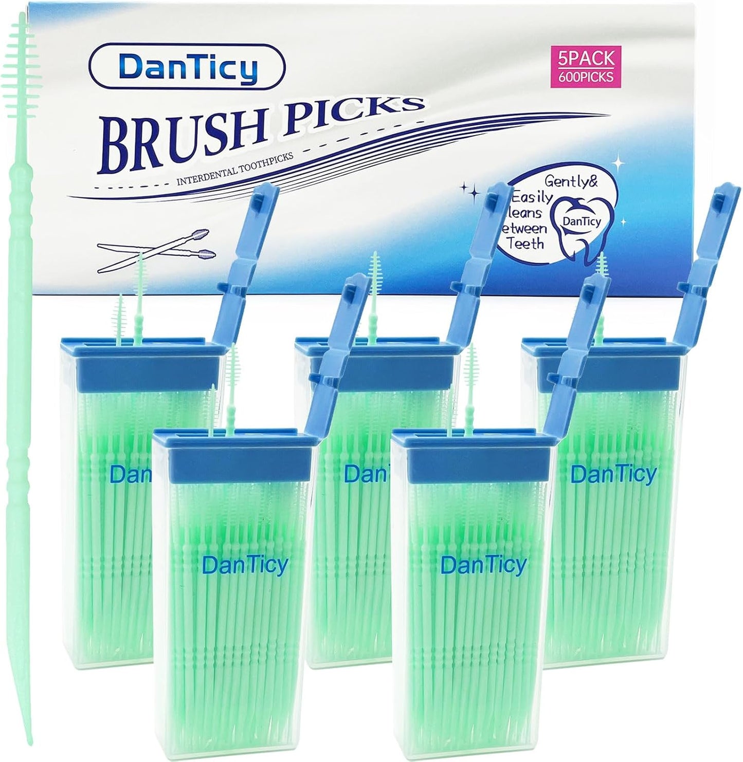 Brushpicks Interdental Toothpicks,Soft Bristle Dental Floss Picks Toothpicks,Helps Removes Plaque and Debris Between Your Teeth 600PCS (Pack of 5) Mint