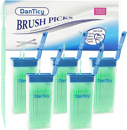 Brushpicks Interdental Toothpicks,Soft Bristle Dental Floss Picks Toothpicks,Helps Removes Plaque and Debris Between Your Teeth 600PCS (Pack of 5) Mint