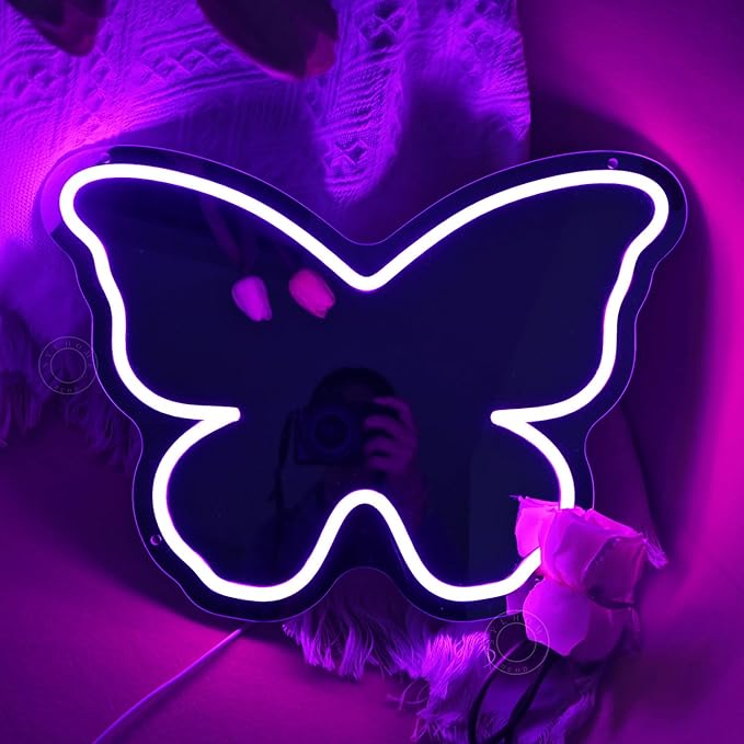 SYLHOME Butterfly Mirror Led Neon Light Sign Home Girls Bedroom Makeup Room Beauty Salon Studio Bar Wall Sign Decor Birthday Wedding Party Decoration 15.75" X 11.42" USB