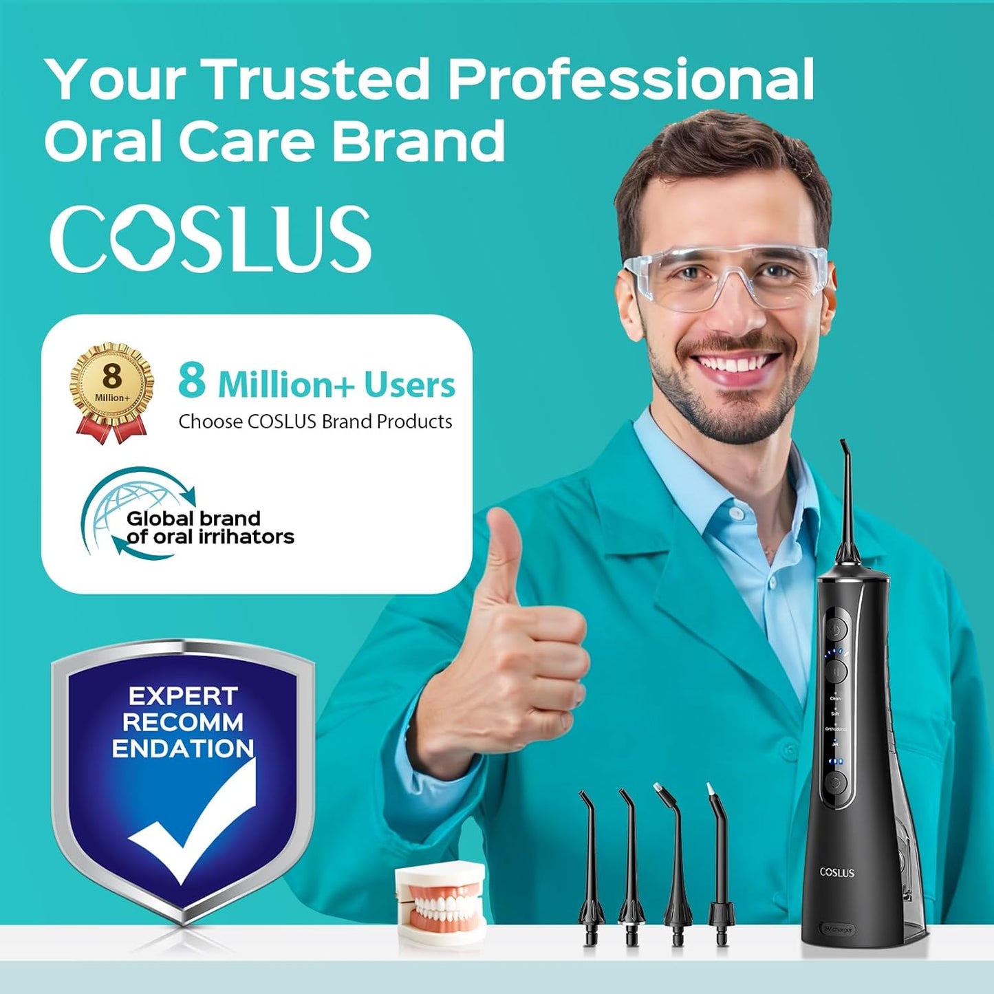 COSLUS Portable Water Flosser for Teeth: 4 Modes & 5 Intensity Levels Professional Electric Dental Pick for Sensitive Gums, Braces & Orthodontic - Cordless for Travel Use, for Adults, BPA-Free, Black