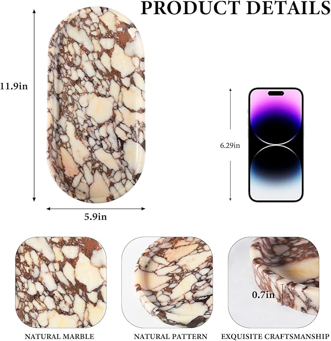 Koville Natural Decorative Marble Bathroom Tray, 12"x6" Calacatta Viola Marble Catchall Tray for Bathroom, Stone Perfume Trays Jewelry Dish for Dresser, Stone Storage Trays for Home Decor