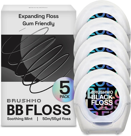 Brushmo Black Floss (BBFloss) - Expanding Floss, Gum-Friendly Soothing Mint Dental Floss, Natural Vegan Wax to Remove Plaque from Teeth, Dentist Designed PTFE & PFAS Free Oral Care, 5 Spools, 275 yd