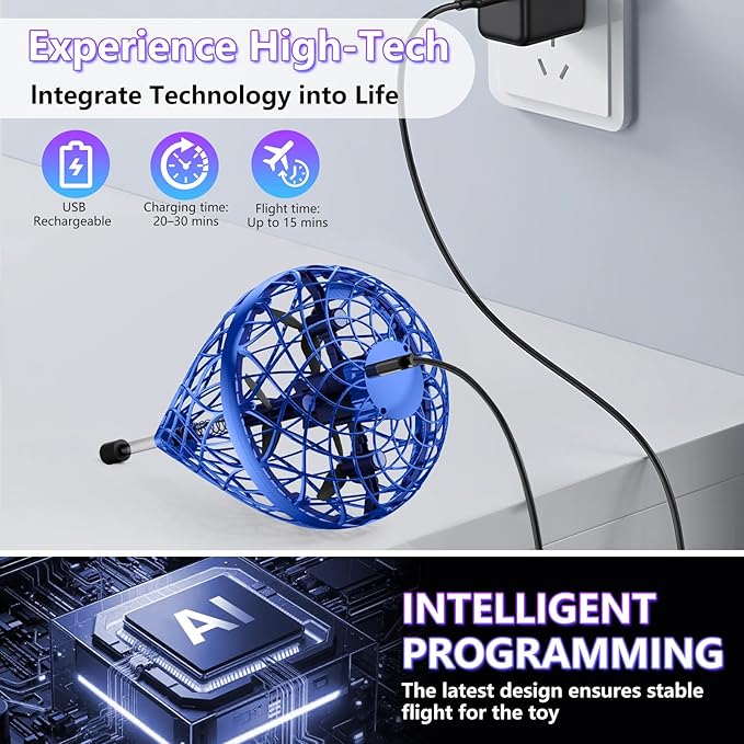 Tikduck 2025 Flying Bouncing Ball Toy - USB Rechargeable, Hand-Controlled with 3D Flips & Multi-Player Fun - Interactive Orb Toy for Kids, Teens & Adults - Indoor & Outdoor Play (Blue)