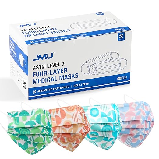 JMU 50 Pack Multicolor Disposable Face Masks, 4-Ply ASTM Level 3 Medical Face Masks for Adults