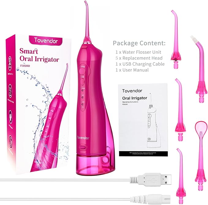 TOVENDOR Electric Water Dental Flosser Teeth Pick, Cordless Flossers Oral Irrigator IPX7 Waterproof 300ML Rechargeable Travel Water Teeth Cleaner with 5 Tips for Home Braces Care Gums Deep Cleaning