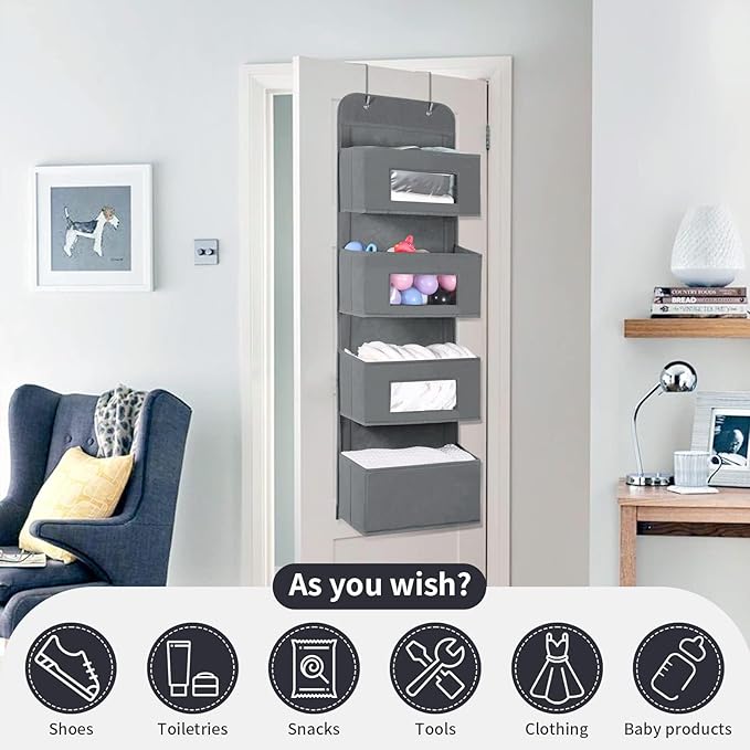 MAX Houser 4-Shelf Over The Door Hanging Organizer with 2 Metal Hooks,4 Pocket Over The Door Wall Mount Storage with Clear Windows for Baby Nursery Bathroom Closet,Bedroom,Dorm,Diapers,Kids Toys(Gray)