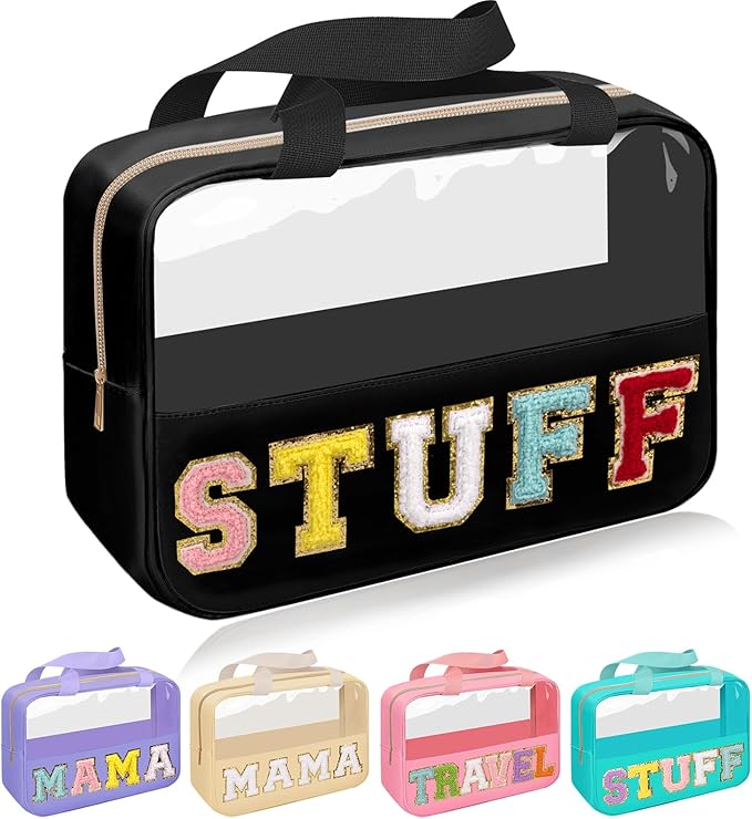 Chenille Letter Patch Stuff Bag, Preppy Clear Makeup Cosmetic Bag Large Toiletry Storage Tote Bag with Handle, Transparent Nylon Waterproof Organizer Zipper Pouch for Travel Women Girls(Black)
