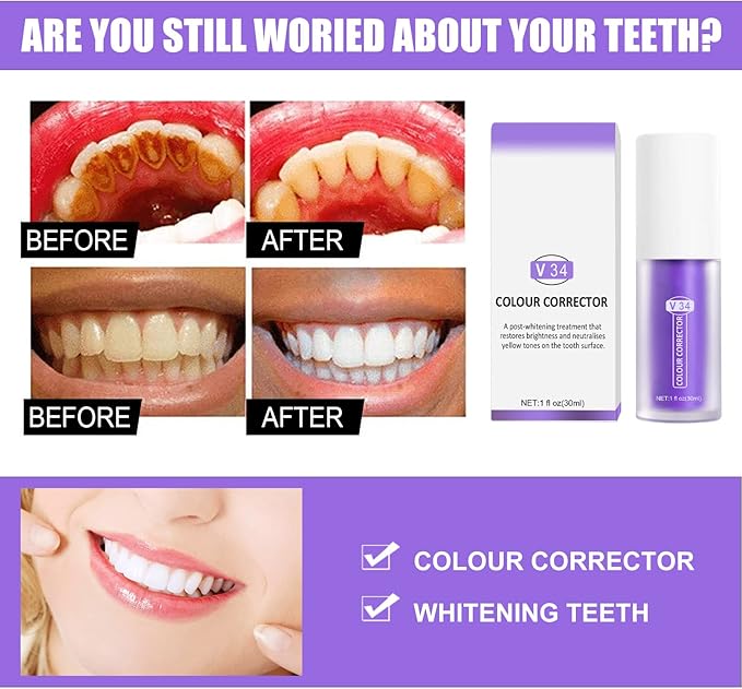 Purple Toothpaste for Teeth Whitening 2pcs Teeth Refresher Purple Color Corrector Booster Toothpaste 3D Teeth Whitening Kit for Tooth Stain Removal Enhances Tooth Brightness
