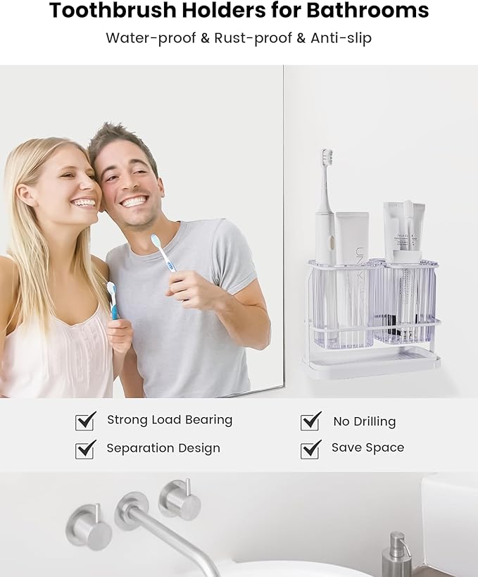 KONE Clear Toothbrush Holders for Bathroom, 2 Cups Wall Mounted, Dry & Wet Separation, Organizers and Storage Set for Family Kids