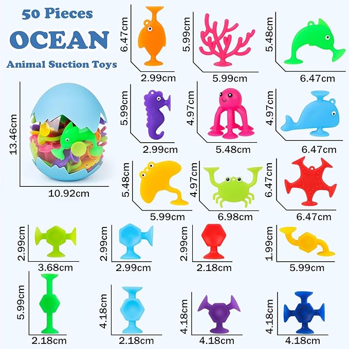 50 Pieces Suction Bath Toys for Kids Age 3+, Baby Silicone Ocean Animal Sucker Toys with Dinosaur Eggshell, Sensory Travel Window Toys for Toddlers, Stress Release Gifts for Boys Girls Ages 4-8
