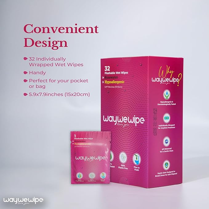 On-The-Go Flushable Feminine Wet Wipes, 32 Count XL Individually Wrapped Female Wipes, Hypoallergenic 100% Plant Based Septic Safe, Travel Size Adult Cleansing Cloth for Women, Rosewater