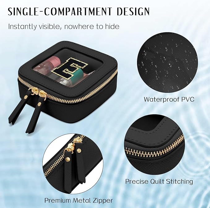 Initial Travel Toiletry Bag - Cosmetic Bags for Girls with Zipper, Clear & Potable Girls Makeup Bag for Travel, Small Cosmetic Pouch Perfect Gifts for Graduation (Black, E)