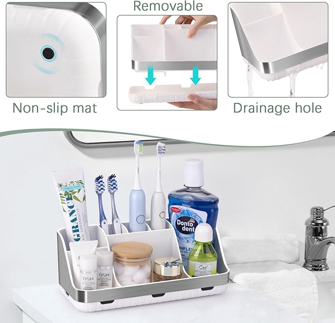 Toothbrush Holders for Bathrooms Countertop Organizer - Kids Electric Toothbrush and Toothpaste Holder Detachable 7 Slots Tooth Brush Organization Bathroom Accessories Storage Vanity, Silver
