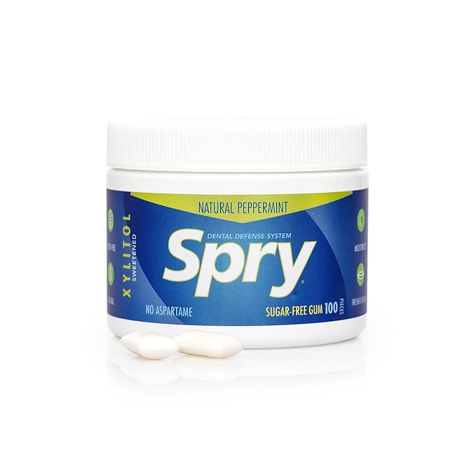 Spry Fresh Natural Xylitol Chewing Gum Dental Defense System - Aspartame-Free, Sugar-Free, Non-GMO, Gluten-Free (Peppermint, 100 Count - Pack of 2)