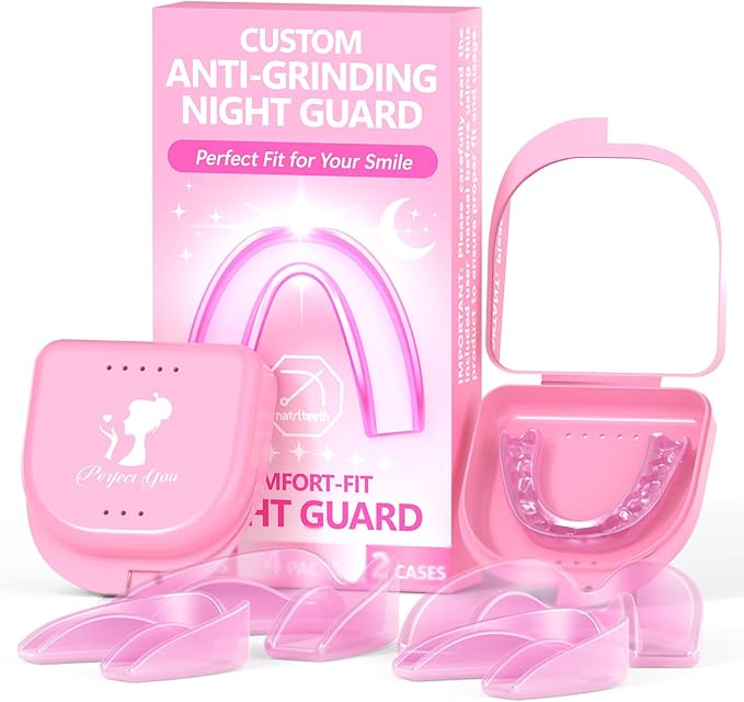 4 Pack Pink Night Guards for Teeth Grinding and Clenching, Women Teeth Grinding Mouth Guard for Sleep with 2 Mirror Cases, Moldable Mouthguard for Women, Adults, Bruxism Relief