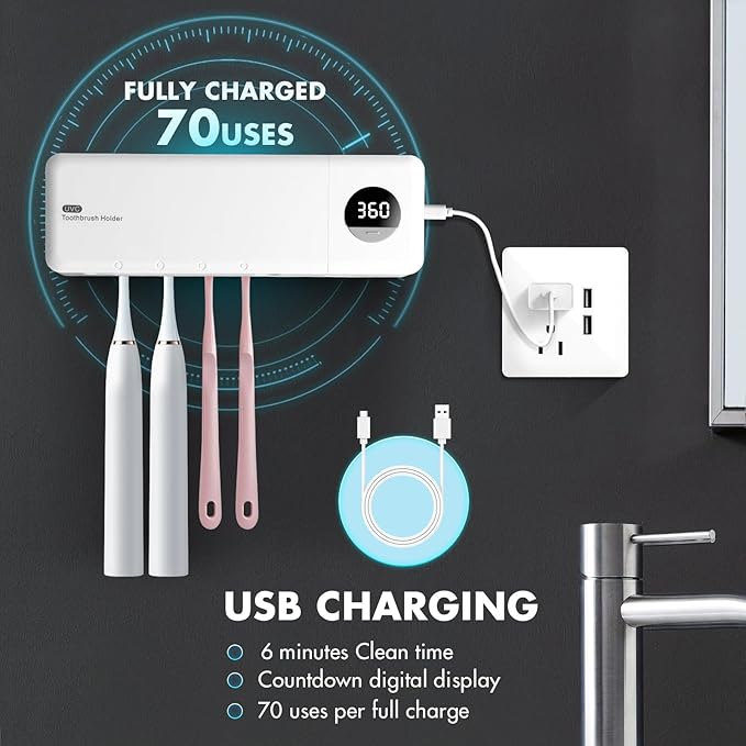 Sanitizeri Toothbrush Holder, Sanitizeri Toothbrush Cleaner, 2000mAh Rechargeable Cordless Wall Mounted Holders for Bathroom, 4 Slots & Timer Function, White