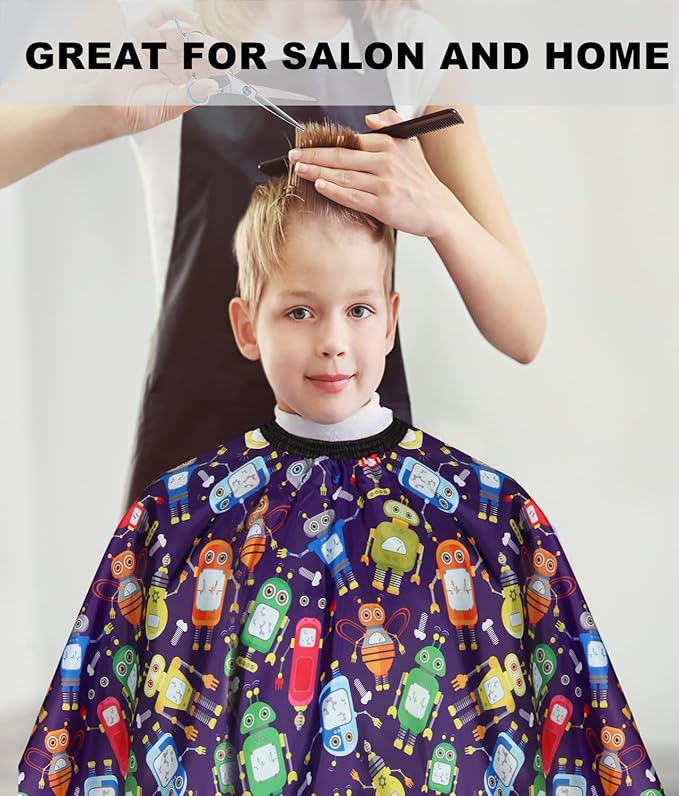 Kids Barber Cape with Neck Duster Brush, Professional Salon Hair Cutting Cape with Adjustable Snap Closure(Cartoon Robot)