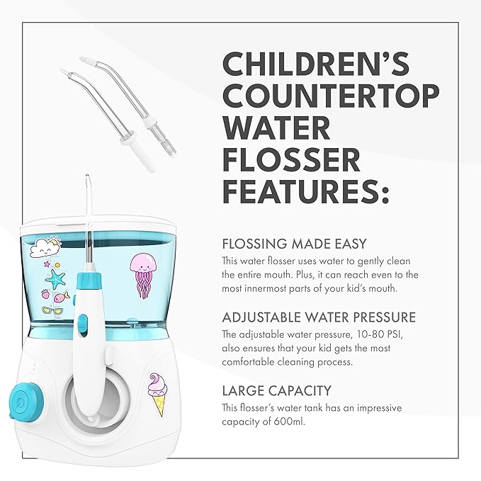 ToiletTree Products Children's Countertop Water Flosser - Dental Oral Irrigator for Kids - BPA-Free Dental Water Flosser with 600mL Capacity and Adjustable Water Pressure - Blue